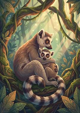 Lemur Mother and Baby in Jungle
