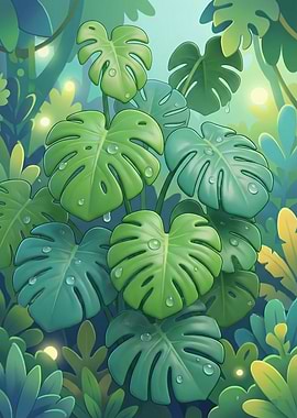 Lush Monstera Leaves with Water Droplets