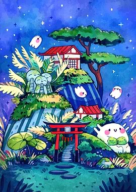 Cute Japanese Landscape with Ghosts