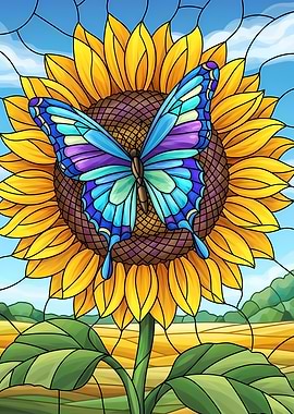 Butterfly on Sunflower in Stained Glass Style