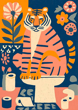 Tiger on Toilet with Floral Background