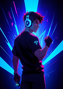 Anime Gamer with Neon Headphones
