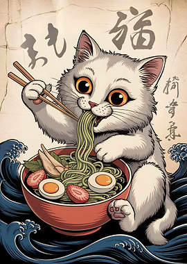 Cat eating ramen with chopsticks art