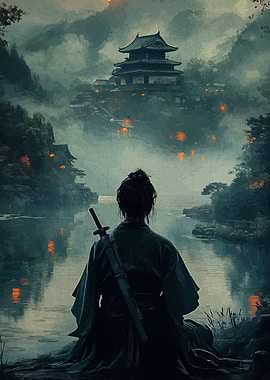 Samurai Contemplation by the Lake