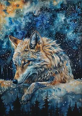 Dreaming Wolf in Starry Night