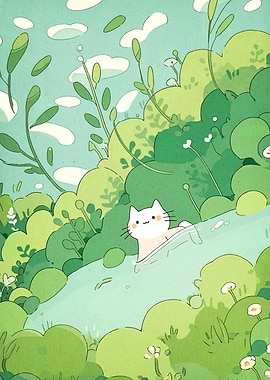 Cute Cat in Green Landscape