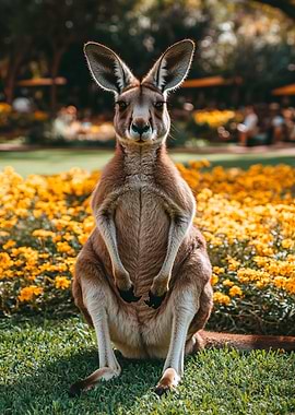 Kangaroo portrait in a flower garden