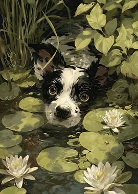 Dog in Pond with Lily Pads