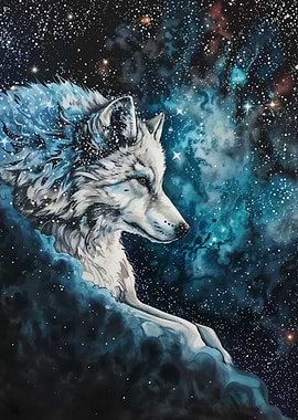 Celestial Wolf in Starry Night