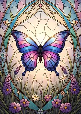 Stained Glass Butterfly with Floral Frame