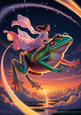 Woman riding a giant frog