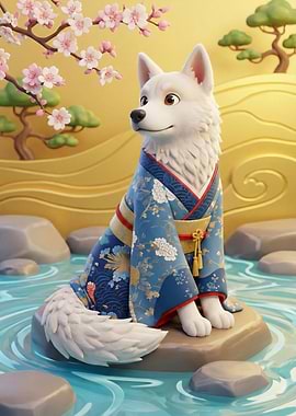 Dog in Kimono with Cherry Blossoms