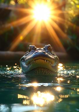 Alligator in Water with Sunburst
