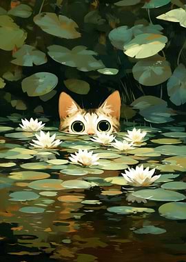 Cute Cat in Lily Pond