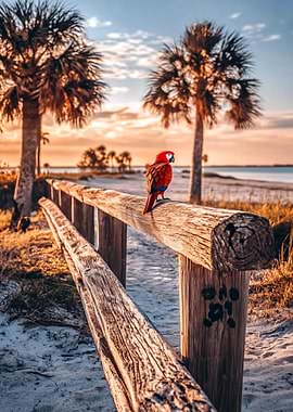 Scarlet Macaw on Beach Fence