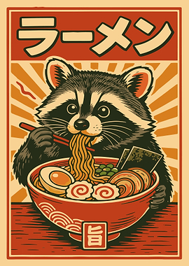 Raccoon Ramen Poster, Funny Japanese Food Wall Art, Cute Animal Noodle Illustration Print