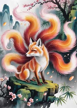 Nine-tailed Fox in Asian Landscape