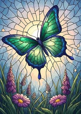 Stained Glass Butterfly and Flowers