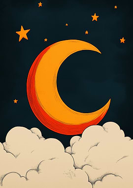 Crescent Moon and Clouds Illustration