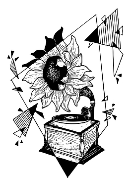 Sunflower and Gramophone Black and White Art