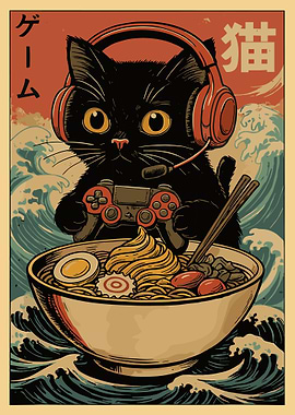 Gaming Cat Ramen Poster, Funny Japanese Gamer Wall Art, Anime Style Cat Illustration Print