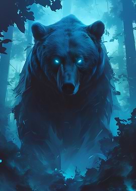 Dark Wood Collection: Glowing-Eyed Bear in Blue Forest