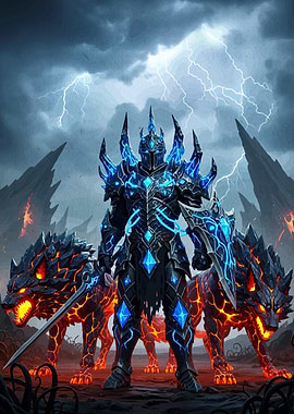 Knight with Lava Wolves in Storm