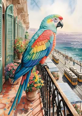 Colorful Parrot on Balcony Overlooking City