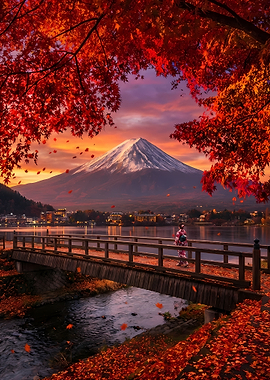 Mount Fuji Autumn Landscape with Kimono