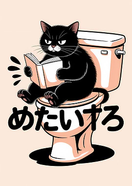 Cat Reading on Toilet Cartoon