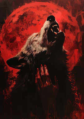 Wolf Howling at Red Moon Painting