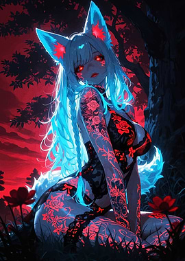 Fox Girl in Red and Blue