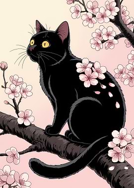 Black Cat with Cherry Blossoms