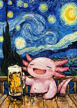 Axolotl Drinking Beer Starry Night Painting
