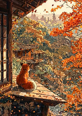 Fox on Balcony in Autumn Landscape