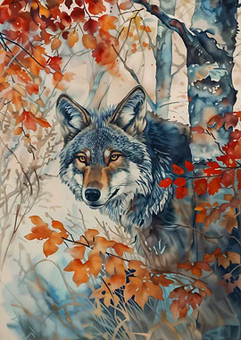Watercolor Wolf in Autumn Forest