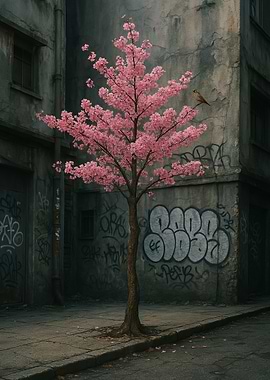 Urban Cherry Blossom with Bird