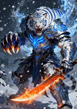 Armored Tiger Warrior with Flaming Sword