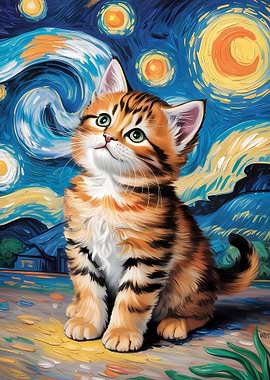 Kitten in Starry Night Style