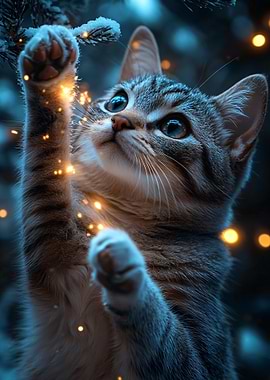 Curious Kitten with Christmas Lights