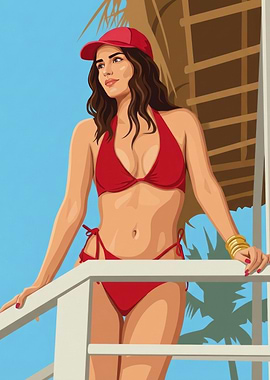 Woman in Red Bikini and Cap