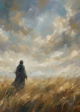 Figure in Field Under Cloudy Sky