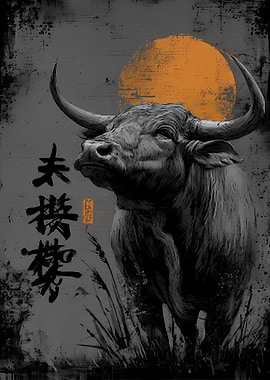 Ox with Japanese Calligraphy and Sun