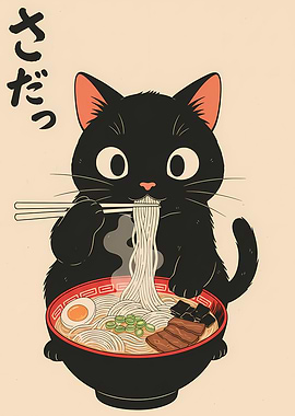 Black Cat Eating Ramen