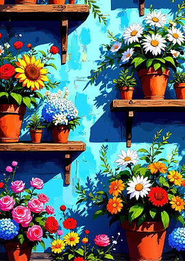 Floral Pots on Shelves