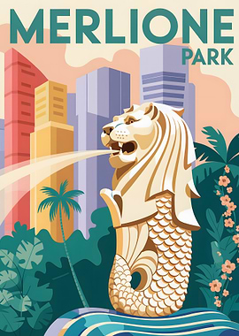 Merlione Park Singapore Travel Poster
