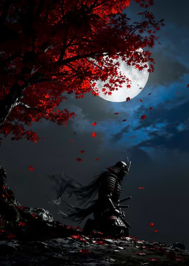 Samurai under the moonlit tree