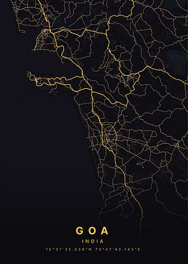 Goa India Black and Gold Map