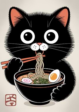 Black Cat Eating Ramen Illustration