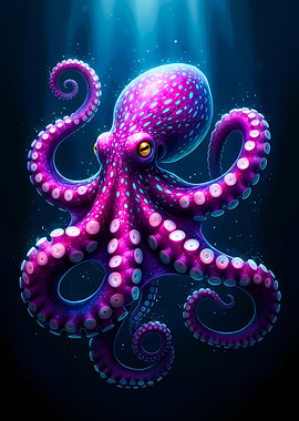 Neon Octopus in Deep Sea